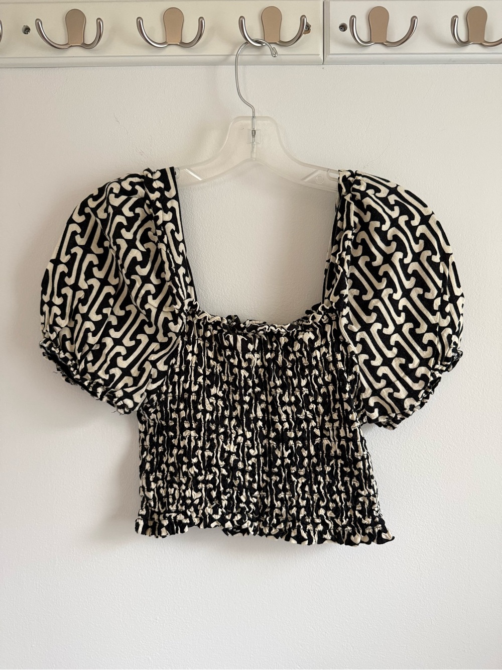 Smocked Puff Sleeve Crop Top in Black & Cream